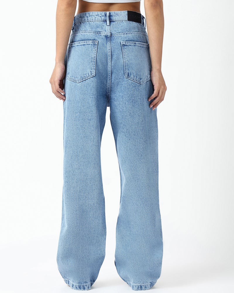 bewakoof Women's Light Blue Washed Straight Fit Distressed Jeans - Image 3